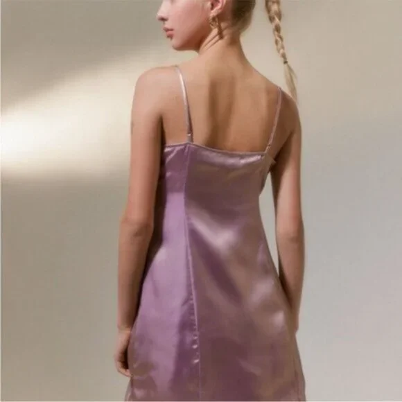 Urban Outfitters | Mallory Metallic Asymmetrical Slip Dress New Lavender Purple - Picture 6 of 10